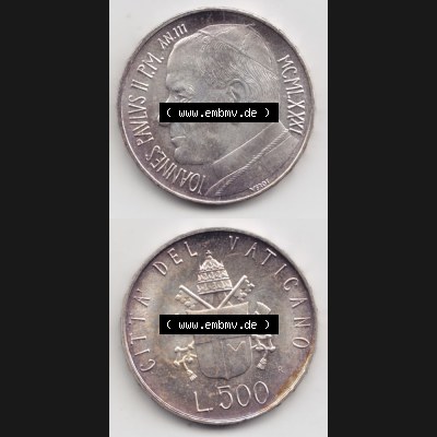 Münzen Vatikan / Vatikanstadt Umlaufmünze 1981-1981, 500 Lire Silbermünze Papst Johannes Paul II, Münzseiten Untereinander als Bildmaterial. Münze aus dem... Sammlung