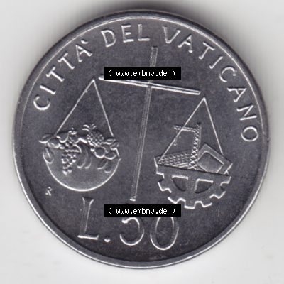 Münzen Vatikan / Vatikanstadt Umlaufmünze 1992-1992, 50 Lire Papst Giovanni Paolo II, Bild mit Rückseite der Münze als Bildmaterial. Münze aus dem Vatikan... Sammlung