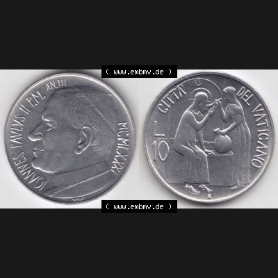 Münzen Vatikan / Vatikanstadt Umlaufmünze 1981-1981, 10 Lire Papst Johannes Paul II, Bild mit Vollansicht als Bildmaterial. Münze aus dem Vatikan der Vatikanstadt... Sammlung