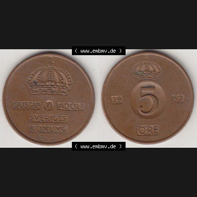 Münzen Schweden Umlaufmünze 1952-1971, 5 Öre 1957, Bild mit Vollansicht als Bildmaterial Sammlung