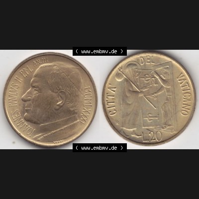 Münzen Vatikan / Vatikanstadt Umlaufmünze 1981-1981, 20 Lire Papst Johannes Paul II, Bild mit Vollansicht als Bildmaterial. Münze aus dem Vatikan der Vatikanstadt... Sammlung