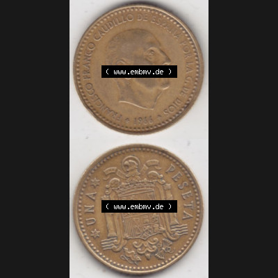Münzen Spanien Umlaufmünze 1966-1966, 1 Pesete, Münze aus Spanien, Umlaufmünze / aus Zahlungsverkehr mit Münzseiten Vertikal / Untereinander auf einen... Sammlung