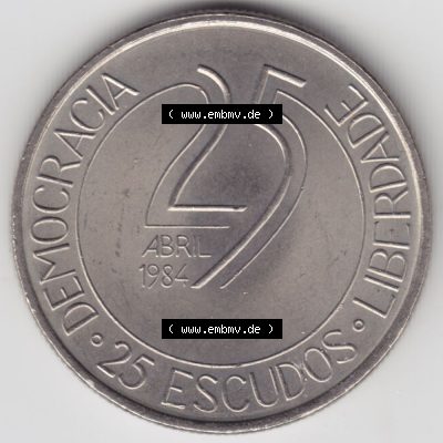 Münzen Portugal Gedenkmünze 1984-1984, 25 Escudos Democracia Liberdade, Abril 1984, Demokratie und Freiheit . Rückseite der portugiesischen Gedenkmünze aus... Sammlung