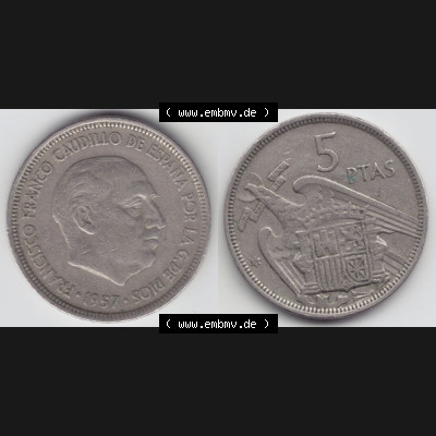 Münzen Spanien Umlaufmünze 1957, 1957-1975, 5 PTAS, Peseten 1958, Bild mit Vollansicht als Bildmaterial Sammlung