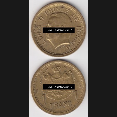 Münzen Monaco Umlaufmünze 1945-1945, 1 Fr, Franc, Franken, Louis II Prince de Monaco, Münzseiten Untereinander als Bildmaterial Sammlung
