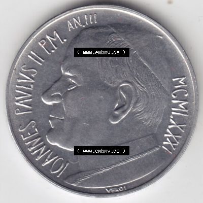 Münzen Vatikan / Vatikanstadt Umlaufmünze 1981-1981, 10 Lire Papst Johannes Paul II, Bild mit Vorderseite der Münze als Bildmaterial. Münze aus dem Vatikan der... Sammlung