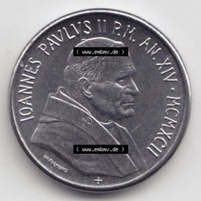 Münzen Vatikan / Vatikanstadt Umlaufmünze 1992-1992, 50 Lire Papst Giovanni Paolo II, Bild mit Vorderseite der Münze als Bildmaterial. Münze aus dem Vatikan der... Sammlung