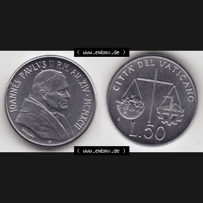 Münzen Vatikan / Vatikanstadt Umlaufmünze 1992-1992, 50 Lire Papst Giovanni Paolo II, Bild mit Vollansicht als Bildmaterial. Münze aus dem Vatikan der Vatikanstadt... Sammlung