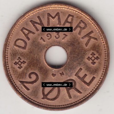 Münzen Dänemark Umlaufmünze 1926-1940, 2 Öre 1937. Rückseite der alten dänischen Umlaufmünze aus Dänemark zum katalogisieren und verwalten im Münzen-Katalog... Sammlung