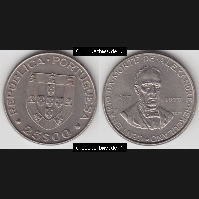 Münzen Portugal Gedenkmünze 1977-1977, 25 Escudo 1877-1977 Centenario Da Morte De Alexandre Herculano. Vorderseite und Rückseite auf einen Bild/Foto der portugiesischen... Sammlung