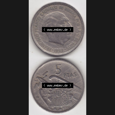 Münzen Spanien Umlaufmünze 1957-1957, 5 Peseten 19xx, Münze aus Spanien, Umlaufmünze / aus Zahlungsverkehr mit Münzseiten Vertikal / Untereinander auf... Sammlung