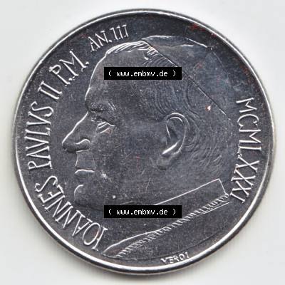 Münzen Vatikan / Vatikanstadt Umlaufmünze 1981-1981, 50 Lire Papst Johannes Paul II, Bild mit Vorderseite der Münze als Bildmaterial. Münze aus dem Vatikan der... Sammlung