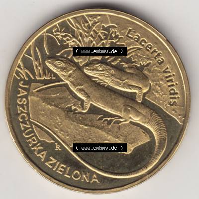 Münzen Polen Gedenkmünze 2009-2009, 2 Zloty, Europäische Grüne Eidechse, Bild mit Rückseite der Münze als Bildmaterial Sammlung