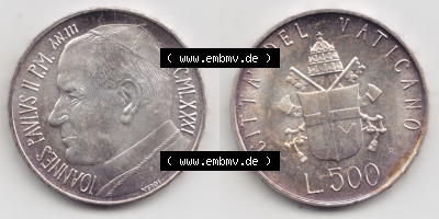 Münzen Vatikan / Vatikanstadt Umlaufmünze 1981-1981, 500 Lire Silbermünze Papst Johannes Paul II, Bild mit Vollansicht als... Sammlung