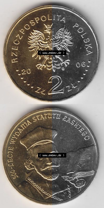 Münzen Polen Gedenkmünze 2006-2006, 2 Zloty, 500. Jahrestag - Proklamation des Statuts von Jan Laski, Münzseiten Untereinander... Sammlung