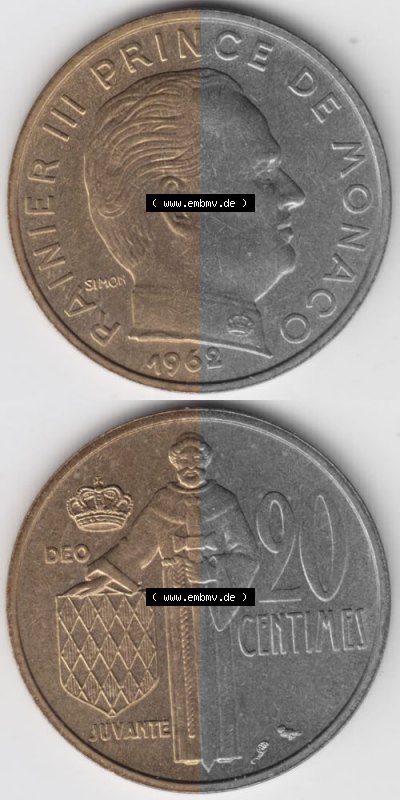Münzen Monaco Umlaufmünze 1962-1995, 20 Centimes 1962, Münzseiten Untereinander als Bildmaterial Sammlung