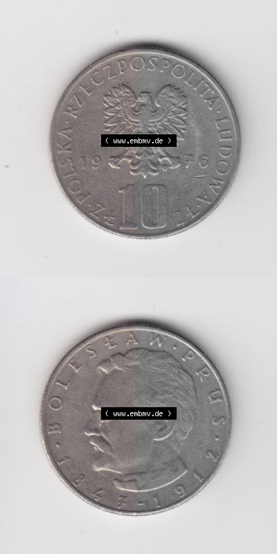 Münzen Polen Umlaufmünze 1975-1984, 10 Zlotych Boleslaw Prus 1976, Münzseiten Untereinander als Bildmaterial Sammlung