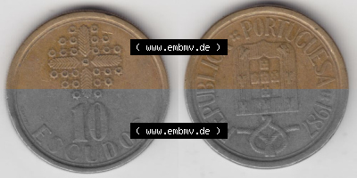 Münzen Portugal Umlaufmünze 1986-2001, 10 Escudos 1987. Vorderseite und Rückseite auf einen Bild/Foto der portugiesischen Umlaufmünze... Sammlung