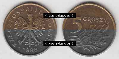 Münzen Polen Umlaufmünze 1990-2014, 5 Groszy 1998, Bild mit Vollansicht als Bildmaterial Sammlung