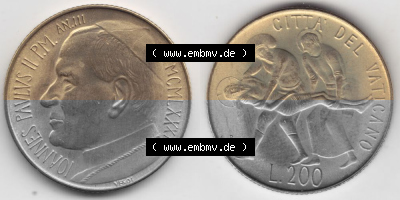 Münzen Vatikan / Vatikanstadt Umlaufmünze 1981-1981, 200 Lire Papst Johannes Paul II, Bild mit Vollansicht als Bildmaterial.... Sammlung