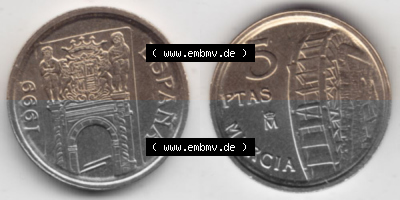 Münzen Spanien Umlaufmünze 1999-1999, 5 Peseten 1999, Bild mit Vollansicht als Bildmaterial Sammlung