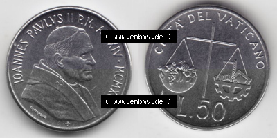 Münzen Vatikan / Vatikanstadt Umlaufmünze 1992-1992, 50 Lire Papst Giovanni Paolo II, Bild mit Vollansicht als Bildmaterial.... Sammlung