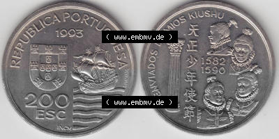 Münzen Portugal Gedenkmünze 1993-1993, 200 Escudos, Enviados Daimios Kiushu. Vorderseite und Rückseite auf einen Bild/Foto... Sammlung