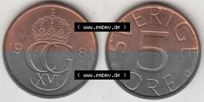 Münzen Schweden Umlaufmünze 1976-1984, 5 Öre 1981, Bild mit Vollansicht als Bildmaterial Sammlung