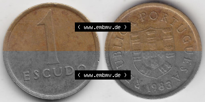 Münzen Portugal Umlaufmünze 1981-1986, 1 Escudo 1983. Vorderseite und Rückseite auf einen Bild/Foto der portugiesischen Umlaufmünze... Sammlung