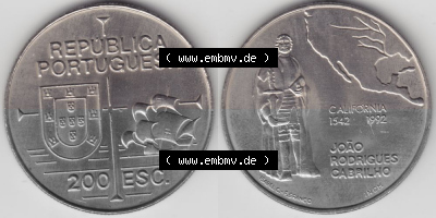 Münzen Portugal Gedenkmünze 1992-1992, 200 Escudos, California 1542-1992, Joao Rodrigues Cabrilho. Vorderseite und Rückseite... Sammlung