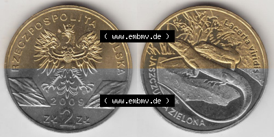 Münzen Polen Gedenkmünze 2009-2009, 2 Zloty, Europäische Grüne Eidechse, Bild mit Vollansicht als Bildmaterial Sammlung