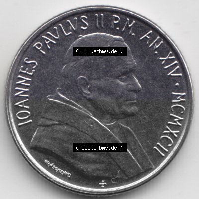 Münzen Vatikan / Vatikanstadt Umlaufmünze 1992-1992, 100 Lire Papst Giovanni Paolo II, Bild mit Vorderseite der Münze als Bildmaterial.... Sammlung