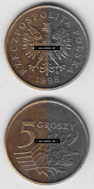 Münzen Polen Umlaufmünze 1990-2014, 5 Groszy 1998, Münzseiten Untereinander als Bildmaterial Sammlung