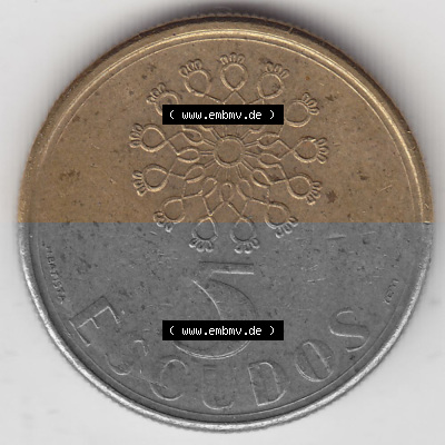 Münzen Portugal Umlaufmünze 1986-2001, 5 Escudos 1990. Vorderseite der Escudo Umlaufmünze aus Portugal vor EInführung der... Sammlung