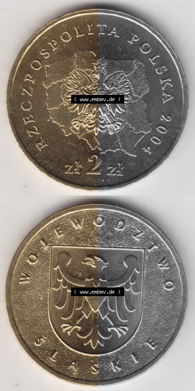 Münzen Polen Gedenkmünze 2004-2004, 2 Zloty, Woiwodschaft Niederschlesien, Münzseiten Untereinander als Bildmaterial Sammlung