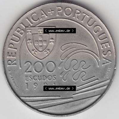 Münzen Portugal Gedenkmünze 1991-1991, 200 Escudos, Colombo E Portugal 1476-1485. Vorderseite der Gedenkmünze aus Portugal... Sammlung