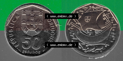 Münzen Portugal KMS Umlaufmünze 1987, 50 Escudos. Vorderseite und Rückseite auf einen Bild/Foto der portugiesischen Umlaufmünze... Sammlung