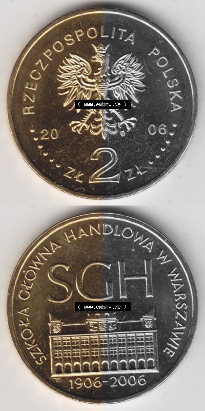Münzen Polen Gedenkmünze 2006-2006, 2 Zloty, 100 Jahre Warschauer Hochschule für Wirtschaft, Münzseiten Untereinander als... Sammlung