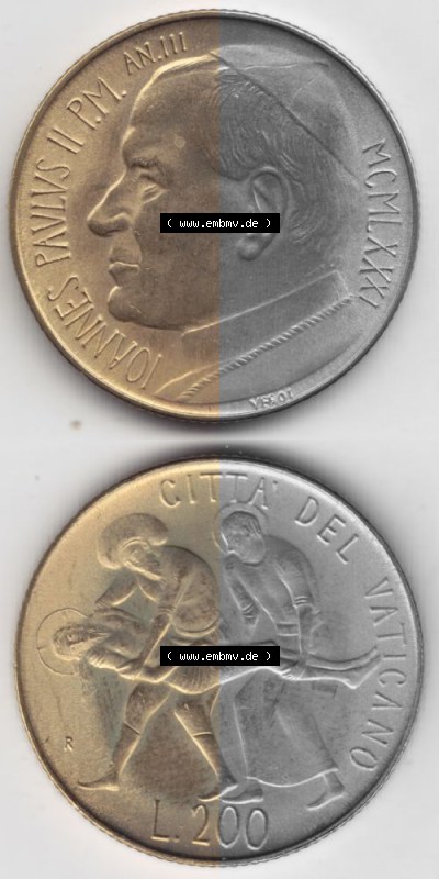 Münzen Vatikan / Vatikanstadt Umlaufmünze 1981-1981, 200 Lire Papst Johannes Paul II, Münzseiten Untereinander als Bildmaterial.... Sammlung