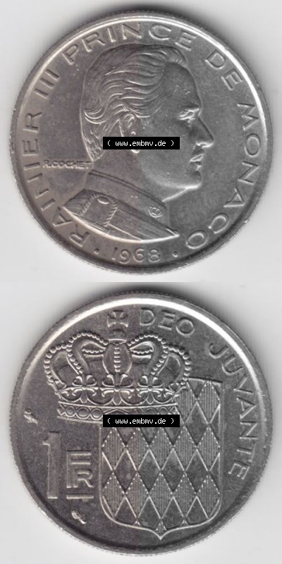 Münzen Monaco Umlaufmünze 1960-1995, 1 Fr, Franc, Franken Rainier III Prince de Monaco I. 1968, Münzseiten Untereinander als... Sammlung