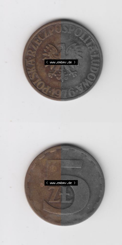 Münzen Polen Umlaufmünze 1975-1985, 5 Zlotych 1976, Münzseiten Untereinander als Bildmaterial Sammlung