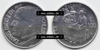 Münzen Vatikan / Vatikanstadt Umlaufmünze 1981-1981, 100 Lire Papst Johannes Paul II, Bild mit Vollansicht als Bildmaterial.... Sammlung