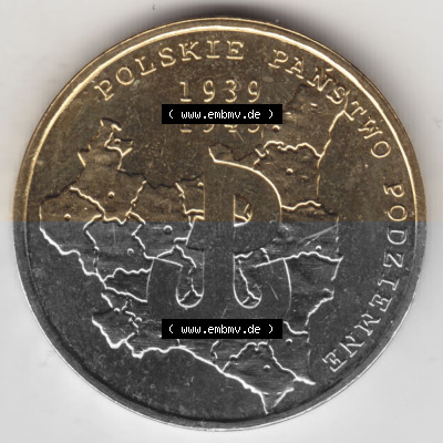 Münzen Polen Gedenkmünze 2009-2009, 2 Zloty, 70. Jahrestag - polnische Untergrundbewegung, Bild mit Rückseite der Münze als... Sammlung
