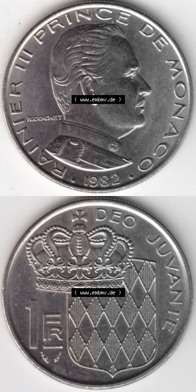 Münzen Monaco Umlaufmünze 1960-1995, 1 Fr, Franc, Franken Rainier III Prince de Monaco I. 1982, Münzseiten Untereinander als... Sammlung