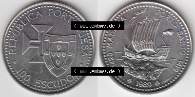 Münzen Portugal Gedenkmünze 1989-1989, 100 Escudos 1420 Madeira Porto Santo 1419. Vorderseite und Rückseite auf einen Bild/Foto... Sammlung