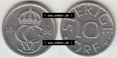 Münzen Schweden Umlaufmünze 1976-1991, 10 Öre 1986. Münzen aus Schweden als Bildmaterial für Sammler und Münzen-Webseiten... Sammlung