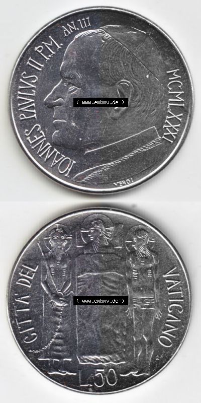 Münzen Vatikan / Vatikanstadt Umlaufmünze 1981-1981, 50 Lire Papst Johannes Paul II, Münzseiten Untereinander als Bildmaterial.... Sammlung