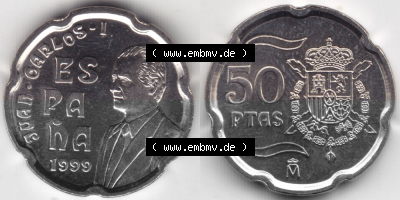 Münzen Spanien Umlaufmünze 1998-2000, 50 Ptas, Peseten 1999, Bild mit Vollansicht als Bildmaterial Sammlung