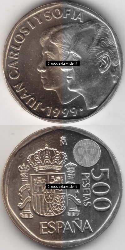 Münzen Spanien Umlaufmünze 1993-2001, 500 PTAS, Peseten 1999, Münze aus Spanien -.-.- für Mobile-Geräte als Bildmaterial... Sammlung