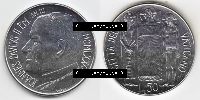 Münzen Vatikan / Vatikanstadt Umlaufmünze 1981-1981, 50 Lire Papst Johannes Paul II, Bild mit Vollansicht als Bildmaterial.... Sammlung